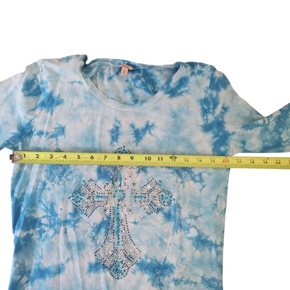 Reba Womens Blue Tie Dye Rhinestone Cross Shirt Size S Y2K Country Baddie Grunge - Picture 8 of 8